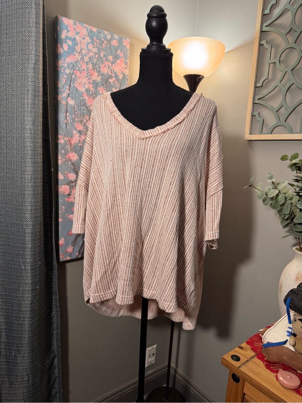 Grace + Karma Cozy Ribbed V-Neck Oversized Top — Light Blush Pink